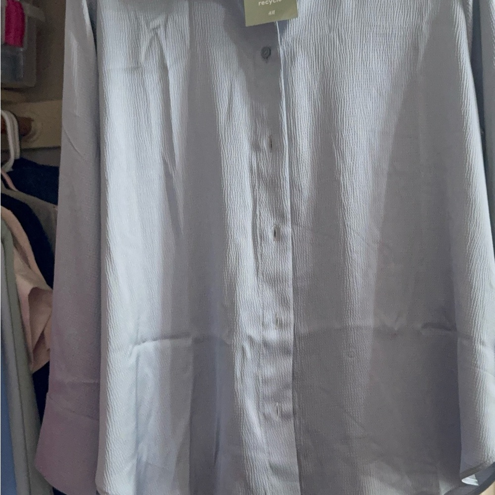H&M Blue Button Down Blouse Size L NWT Recycled Polyester